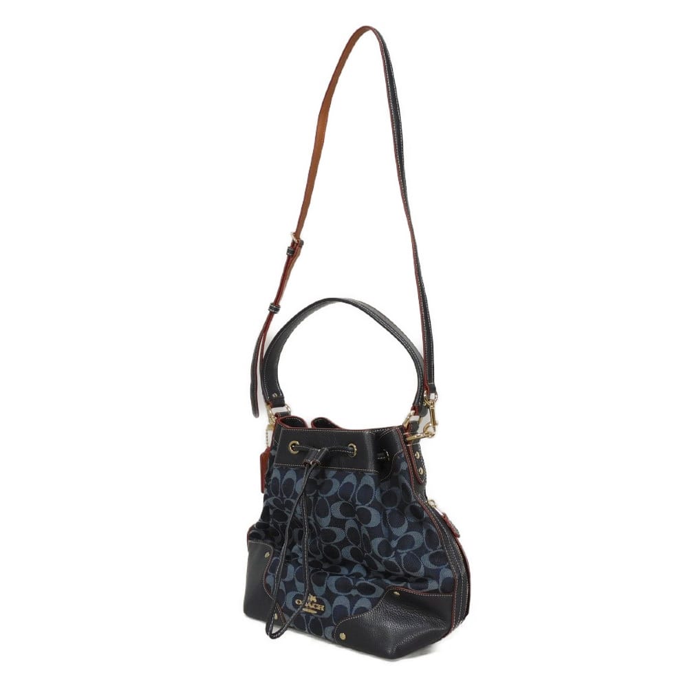 Used 9726 Signature Mickey Drawstring F37224 7922 Denim Jacquard Drawstring 2-Way Shoulder Bag Logo Denim Blue Women's