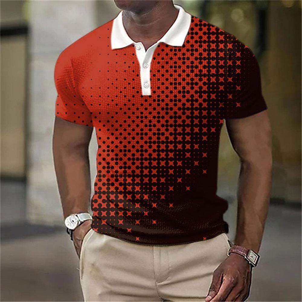 Men'S Simple Plaid 3D Digital Printing Business Casual Short-Sleeved Lapel Polo Shirt