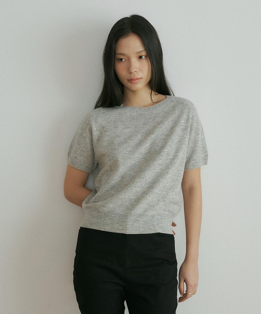 Lingseoul Wool Round Neck Half Sleeve Knit Top-Melange