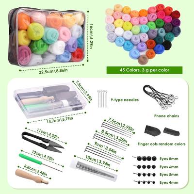 45 barev Plstěná vlna Rouno Startovací sada pro plstění jehlou se zásobami pro začátečníky DIY Plstění Řemeslo Domácí dekorace