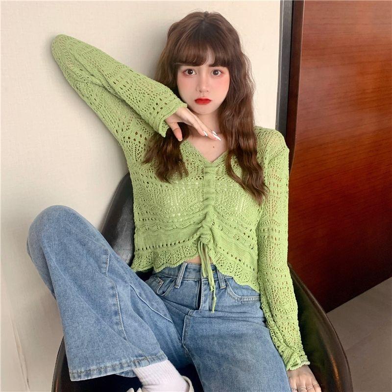 Topuri tricotate pentru femei în stil coreean, primăvară, vară, cu decolteu în V, cu șnur, plisate, scurte, de culoarea bomboanelor