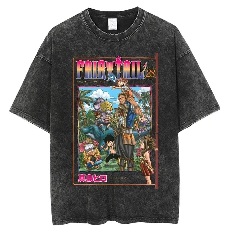

FAIRY TAIL Anime Unisexga Peripherals Tshirt Natsu Lucy Happy Gray Graphic Print Washed Vintage Short Sleeve Unisex Women Cotton Tee S