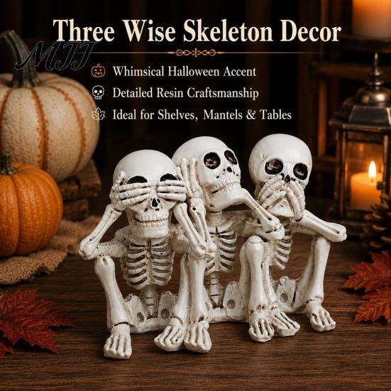 Retro Bone Texture Sculpture Halloween Three Wise Skull Ornaments, See No Hear Speak Evil Conjoined Resin Gothic Desktop Statue Skeleton Statue,