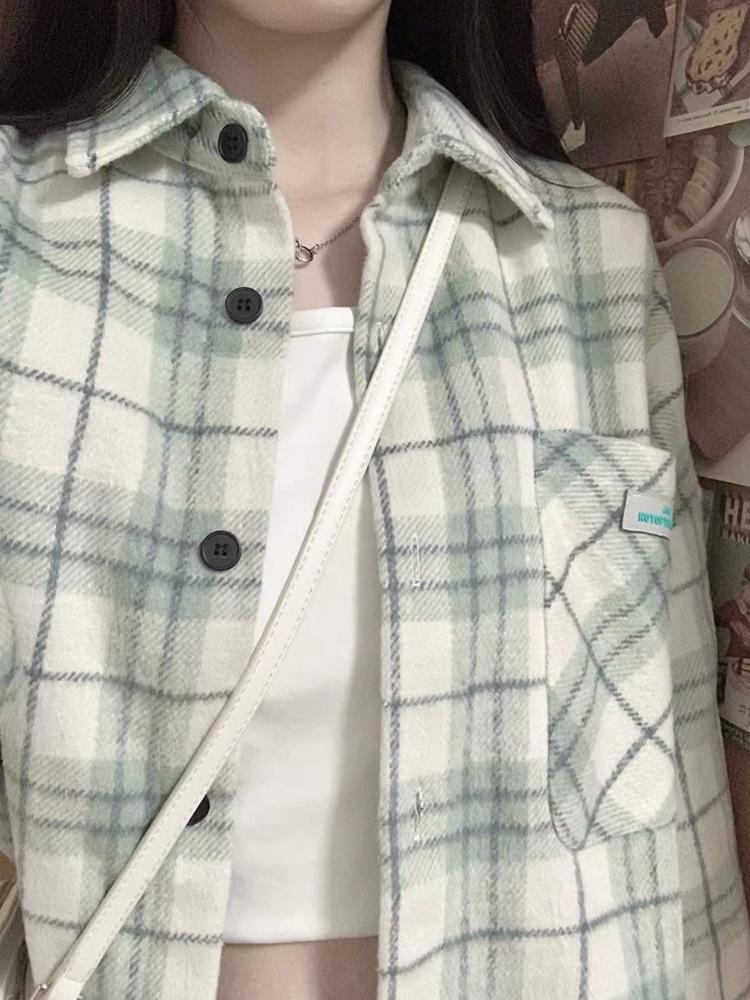 2025 Women's Retro Blue Plaid Shirt Jacket - Loose Fit, Long Sleeve for Spring & Autumn