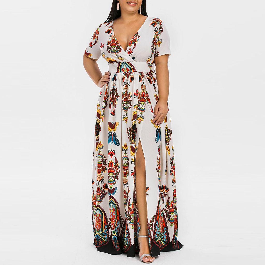 Plus Size Fashion Women Butterfly Printed V-Neck Short Sleeve Casual Long Dress