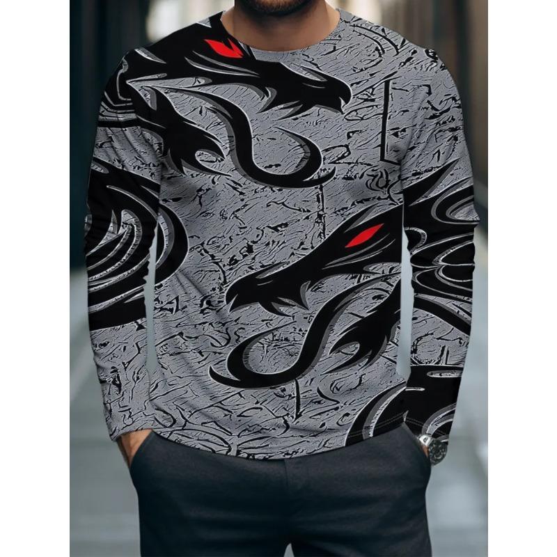 Autumn and Winter Men's 3D Animal Geometric Printing Crew Neck Long Sleeve T-Shirt