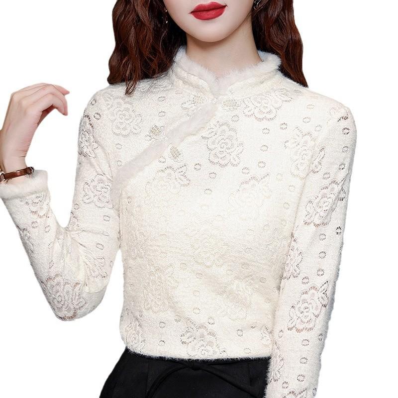 Stand-up Collar Bottoming Shirt For Women New Autumn and Cold Season Diagonal Placket Women's Clothing Warm Velvet Thickened Inner Top