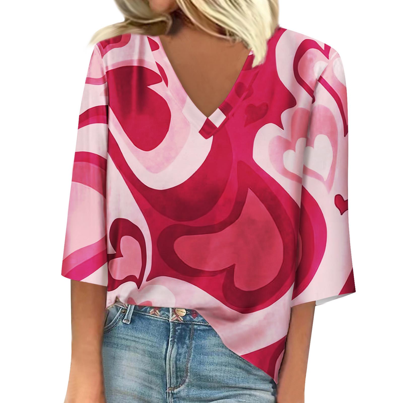 

Женская свободная повседневная футболка с рукавом семь четвертей и V-образным вырезом с принтом ко Дню святого Валентина XL винный