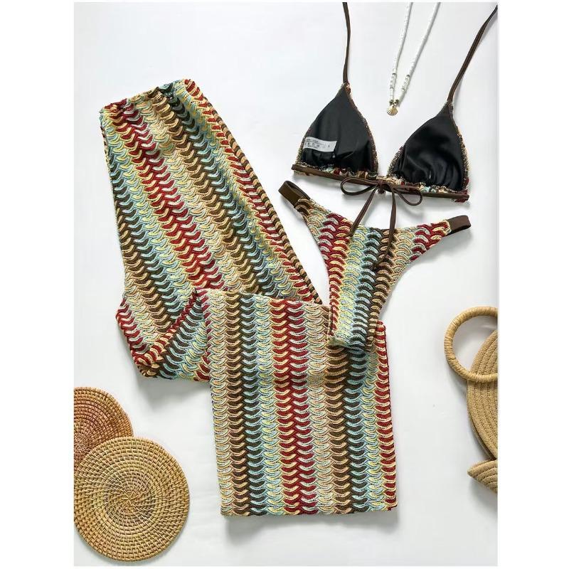 Women S Three Piece Swimsuit Set Knit Lace Up Long Pants Bikini For Beach Vacation