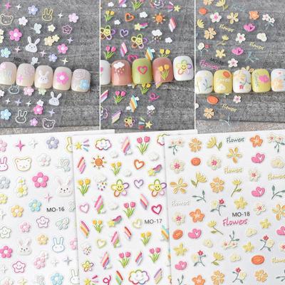 Embossed Tulip and Rainbow Cloud Nail Stickers with Cute Rabbit, Flowers, and Starburst Designs