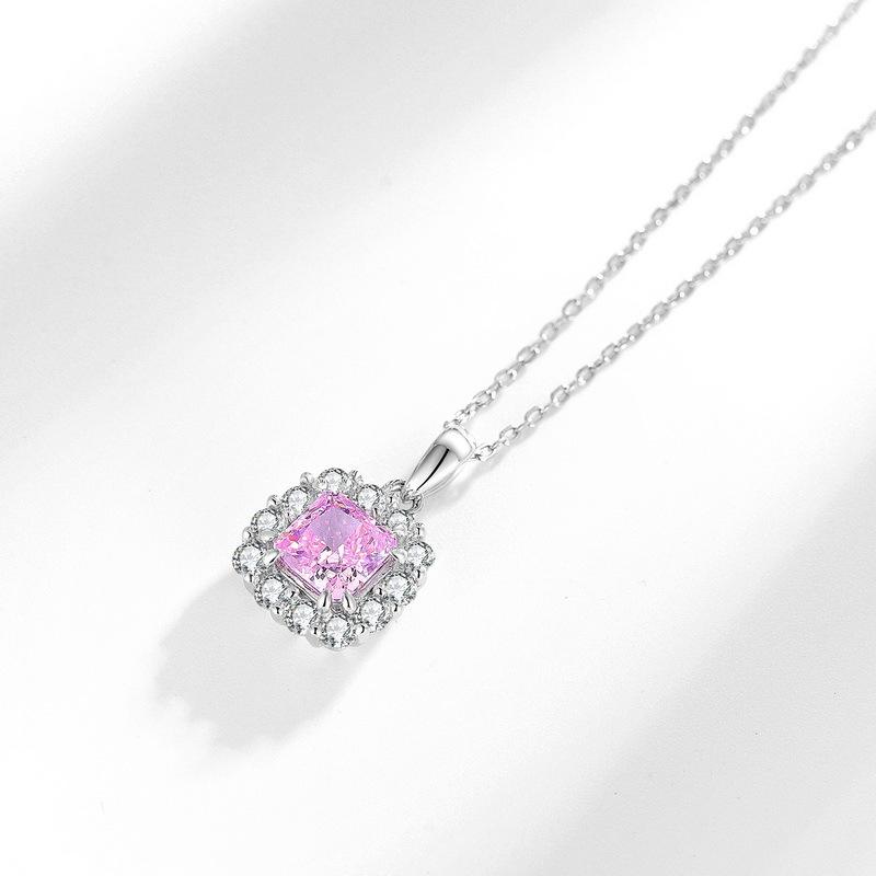 New S925 Sterling Silver Square Diamond Ice Cut High Carbon Diamond Pendant Clavicle Chain