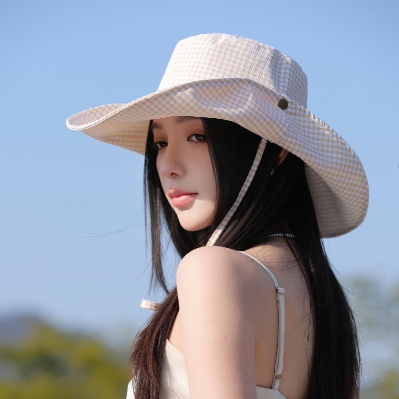 Sombrero de Pescador Plegable Versátil con Correa para el Sol, Sombrero a Cuadros Coreano con Visera Grande para Mujer, Verano, Exterior, Viajes, Protección Solar