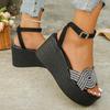 Fashion Women's Fashion Rhinestone Platform Sandals Black Ankle Strap Wedge Heel Sandals Woman Summer Thick Bottom Non Slip Beach Shoes