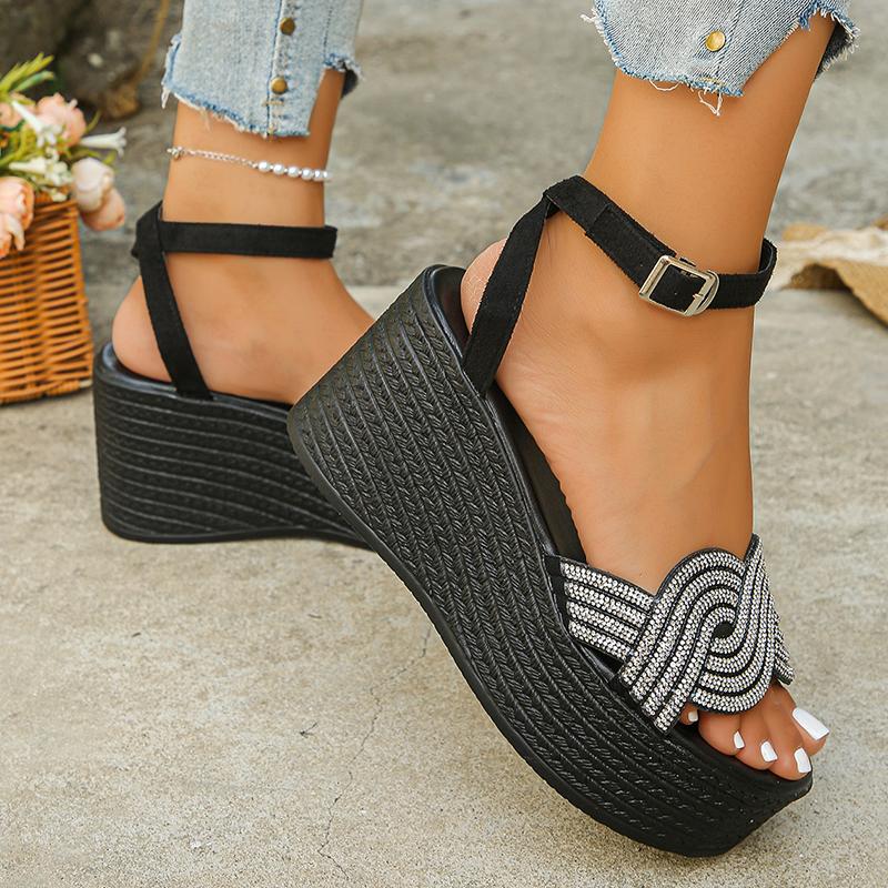 Fashion Women's Fashion Rhinestone Platform Sandals Black Ankle Strap Wedge Heel Sandals Woman Summer Thick Bottom Non Slip Beach Shoes