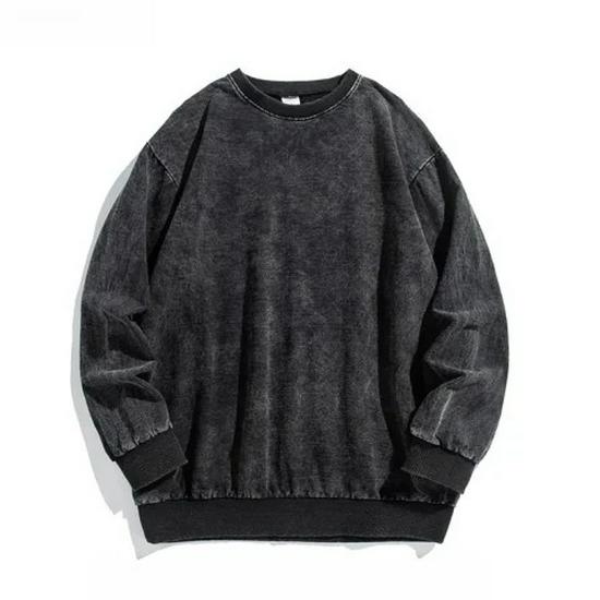 Dámská černá mikina s kapucí s opraným vzhledem a distressed úpravou - Střední délka, Americký retro styl, Volný střih na podzim a zimu