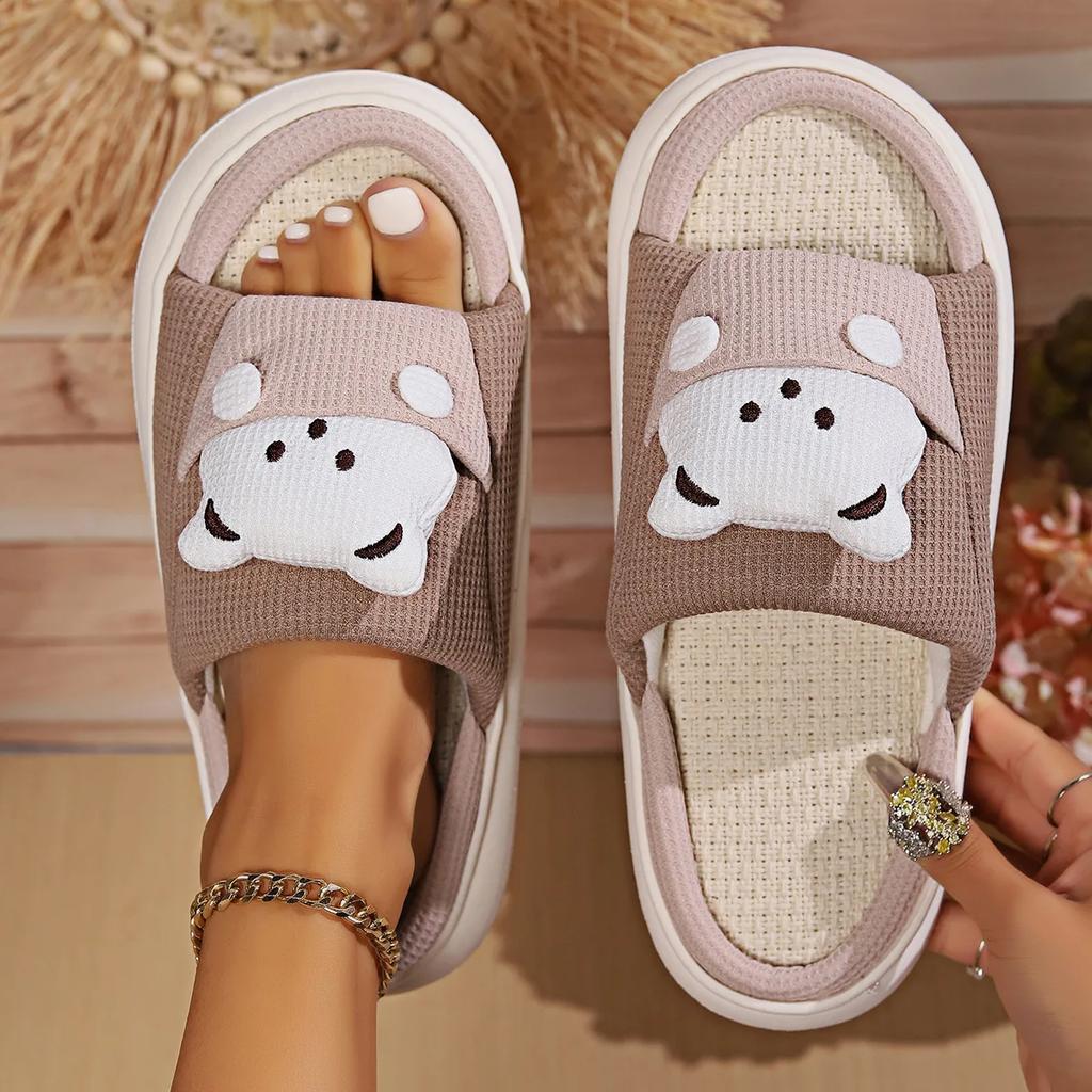 Fashion Cute Cartoon Bear Linen Slippers Women Breathable Sole Four Season Indoor Slippers Comzy Plus Size 45 Unisex House Slides Shoes
