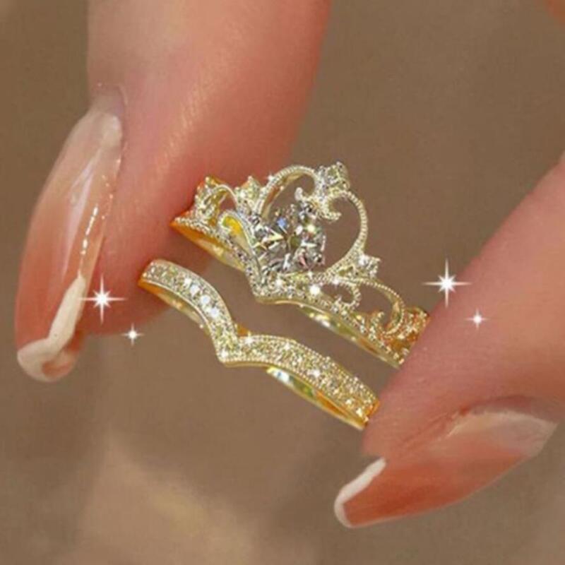 2PCS Fairy Sparkling Crown Rings for Women Teen Korean Adjustable Silvery Anniversary Gift Party Queen Ring Set Jewelry