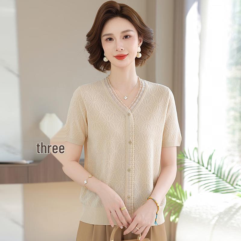 Elegant V-Neck Lace Trim Short Sleeve Knit Cardigan 115