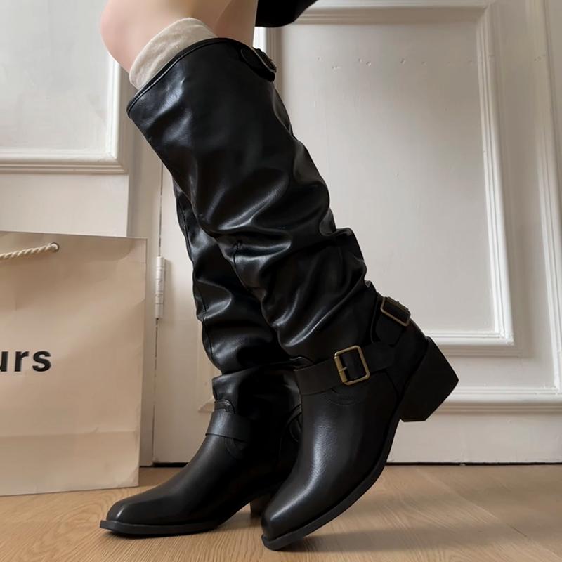 Autumn Winter Pointed Toe Pleated Women Knee High Boots Square Heels Long Booties  De Mujer