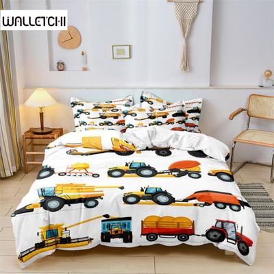 Boys Cartoon Car Duvet Cover Bedding Set Construction Vehicles Comforter Cover Kid Cartoon Machinery Truck Soft Polyester Decor