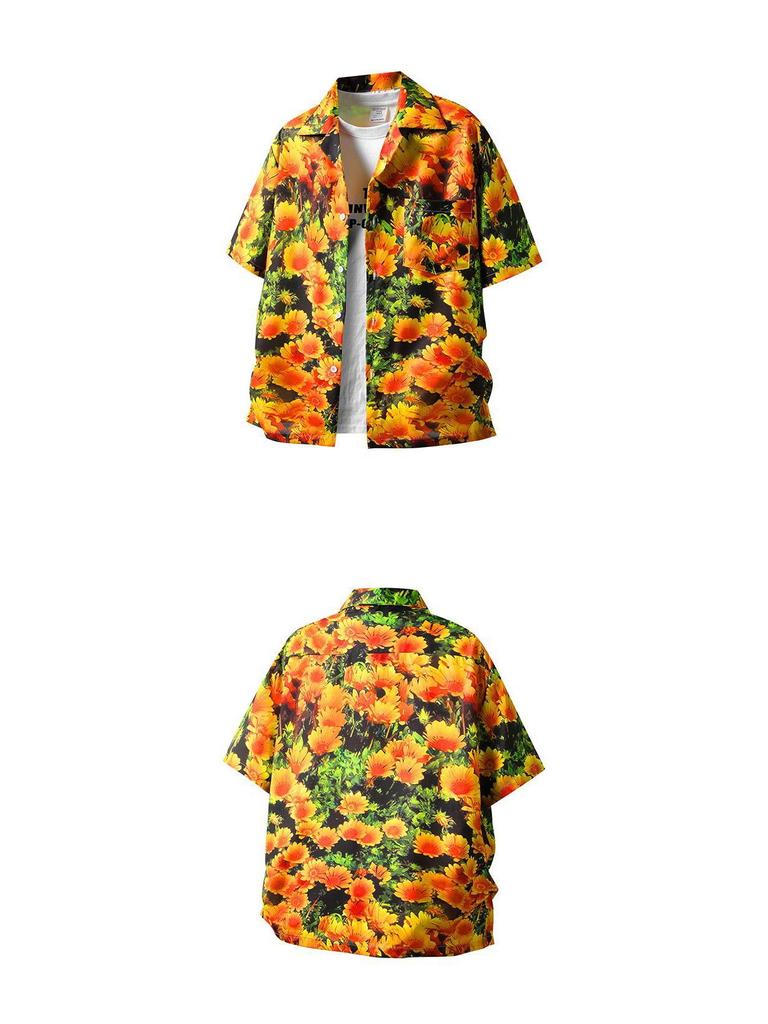Retro Dark Green & Orange Chrysanthemum Cuban Collar Shirt