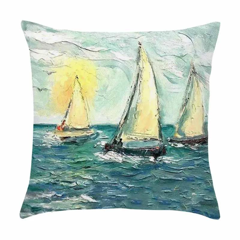Beautiful Oil Painting Sail Sailing Landscape Print Pattern Cushion Cover Home Living Room Sofa Decoration Pillow
