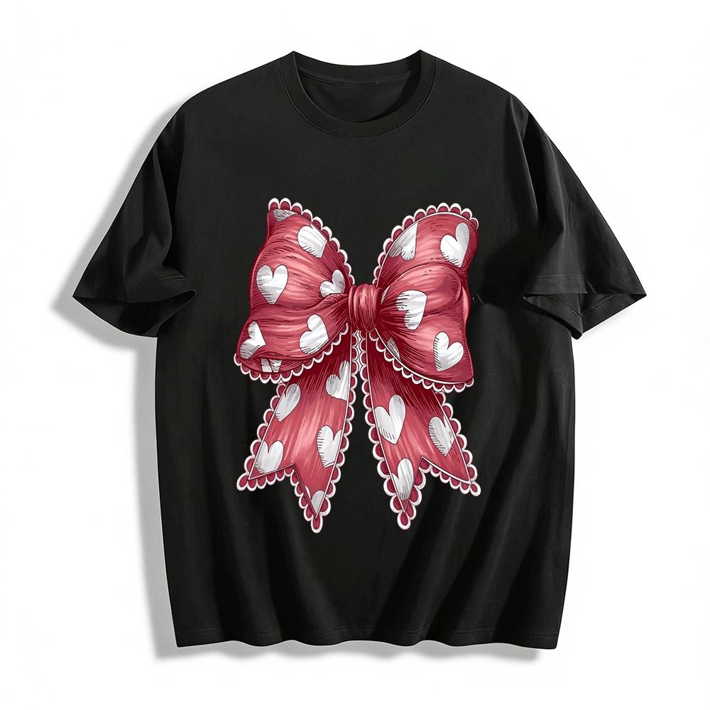 

Heart Print Bowknot Sweet Style Casual Top Pure cotton T-shirt XXS