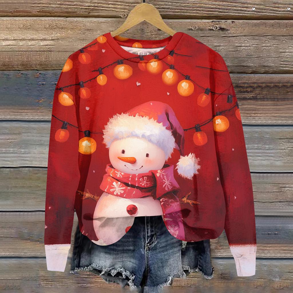 Ladies' Christmas Printed Long Sleeved Round Neck Hoodie Loose Top