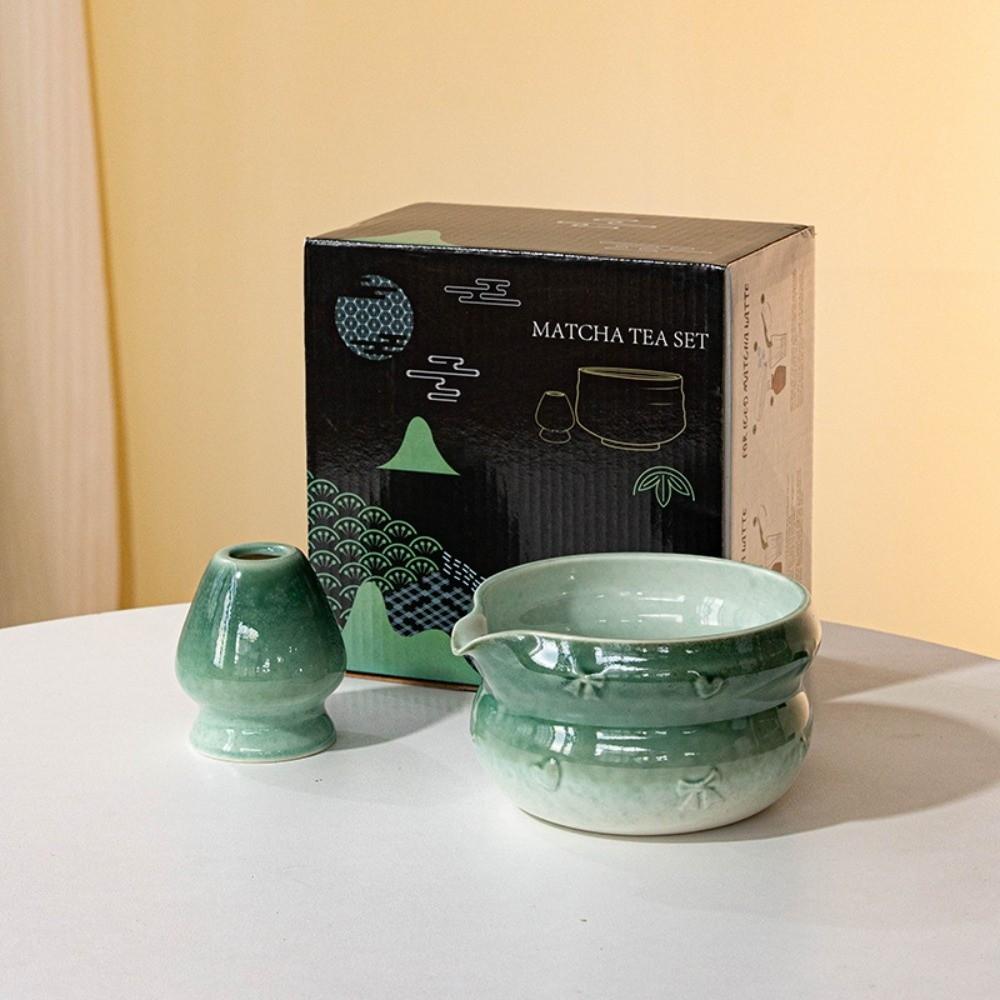 New Ceramic Matcha Bowl Gradient Color with Pouring Spout Matcha Whisk Holder Bowknot Reusable Matcha Making Kit Tea Lovers
