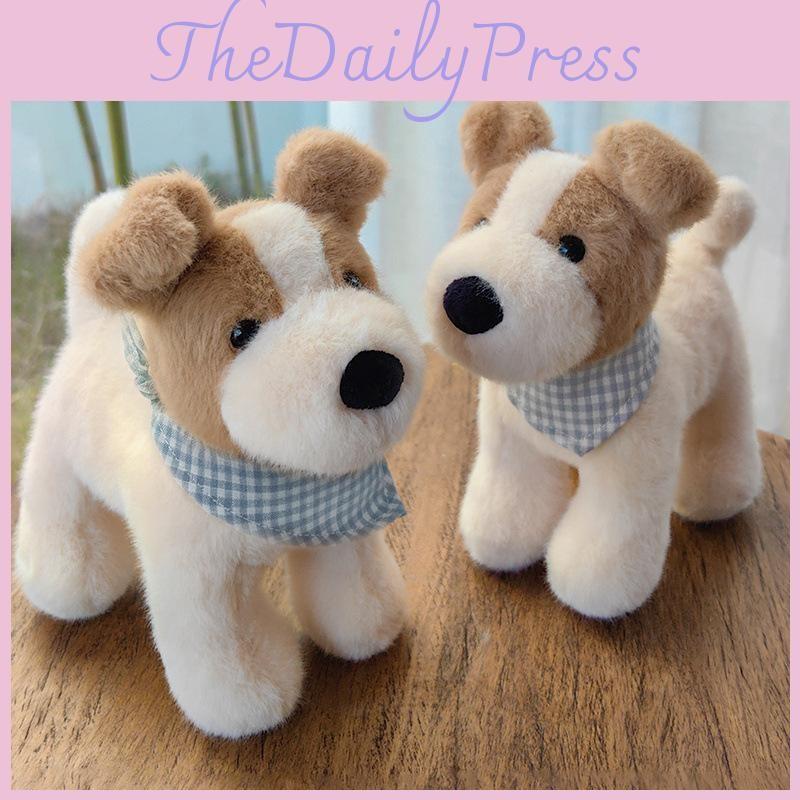 Checkered Cute Blue Scarf Plush Dog Doll Children Toy For Decoration Room
