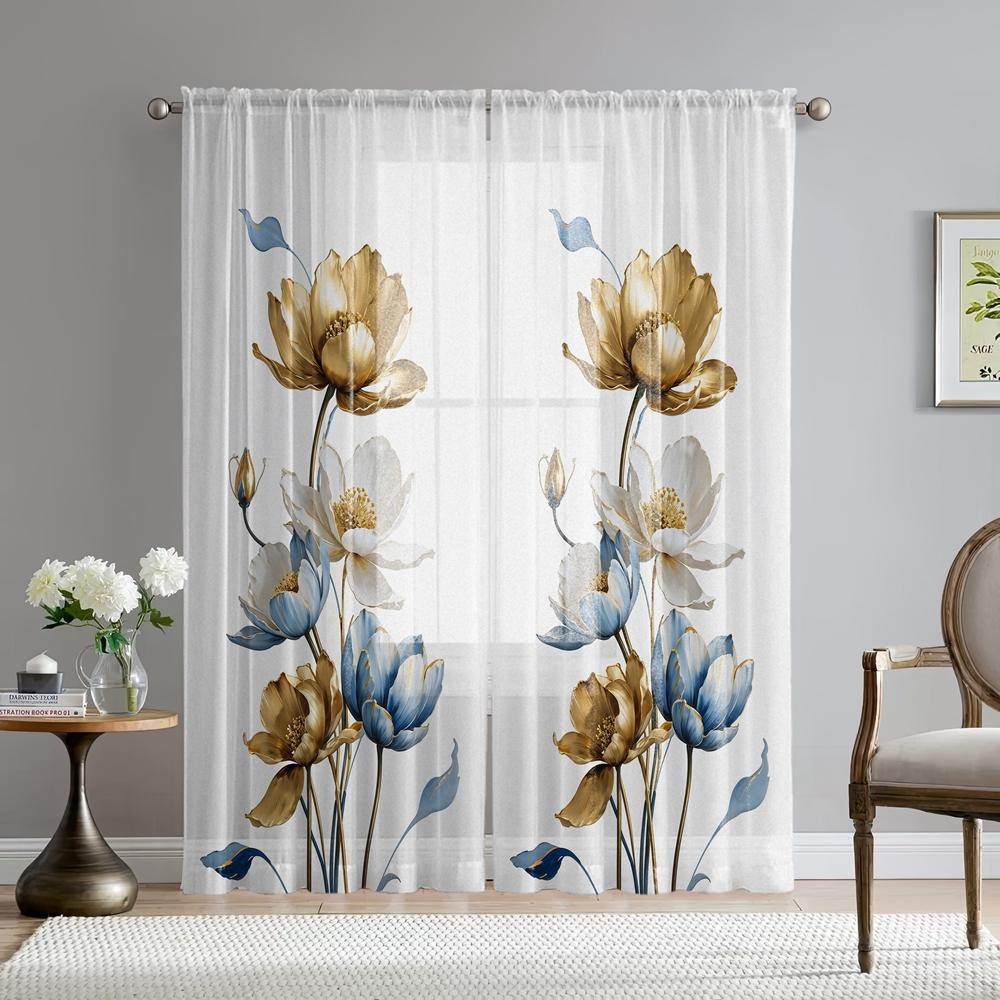2 ks HD digitální zlatý a modrý kvetoucí lotosový motiv tištěná okenní zástěna Styl bytové dekorace Dekorace obývacího pokoje Ložnice R