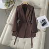 Womens Slim Fit Double-Breasted Blazer With Waist Ties Classic Notched Lapel Brown Wool-Blend Office Jacket 2026