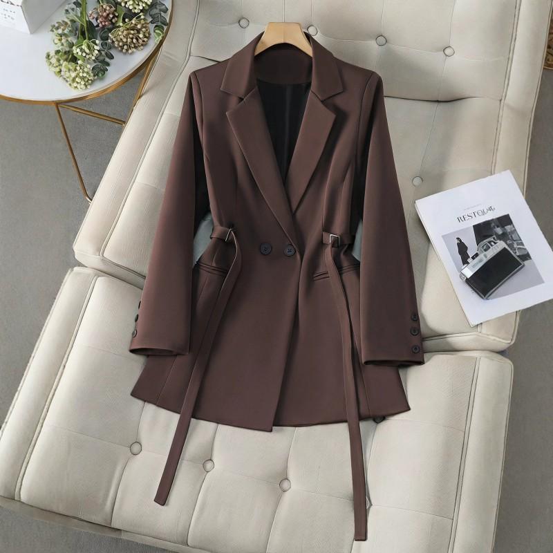 Womens Slim Fit Double-Breasted Blazer With Waist Ties Classic Notched Lapel Brown Wool-Blend Office Jacket 2026