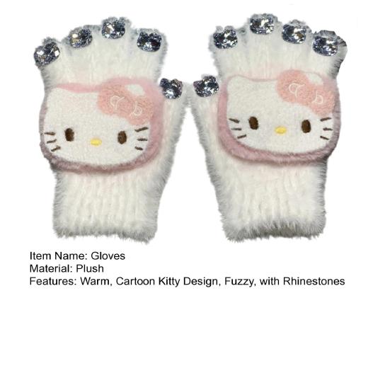 Girls Cartoon Kitty Gloves Cute Plush Cat Gloves Fuzzy Warm Gloves with Cat Head Rhinestones for Women Winter Daily Errands