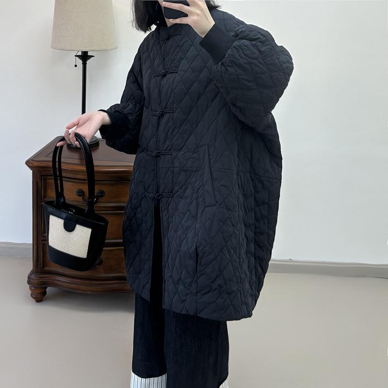 

Белый утиный пух средней длины и длинный пуховик женский 2025 зимняя мода ретро пряжка большой размер свободный пуховик S чёрный