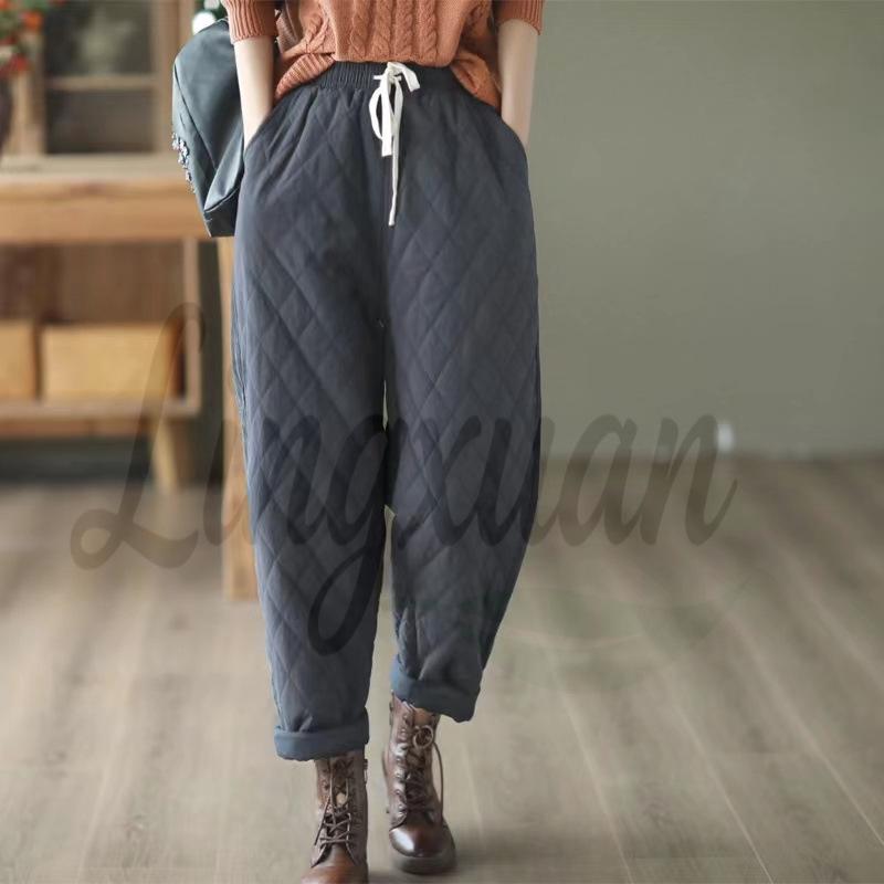 

Women s Retro Diamond Pattern Padded Harem Pants - Elastic Waist, Warm, Thick Cotton M темно-синий