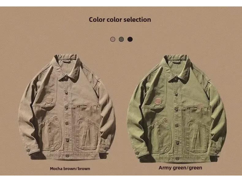 Pánská vintage hnědá voskovaná džínová lovecká bunda - Retro podzimní pracovní oděv, volný a trendy styl