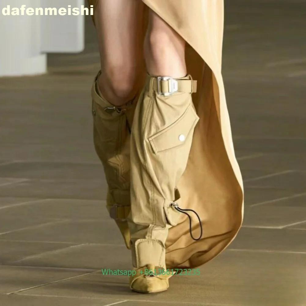 Fashion Belt Buckles Pleated Knee-High Boots 2025 Winter New Fashion Thin Heel Pointed Boots Black/beige Side Pocket Zip Splicing Boots