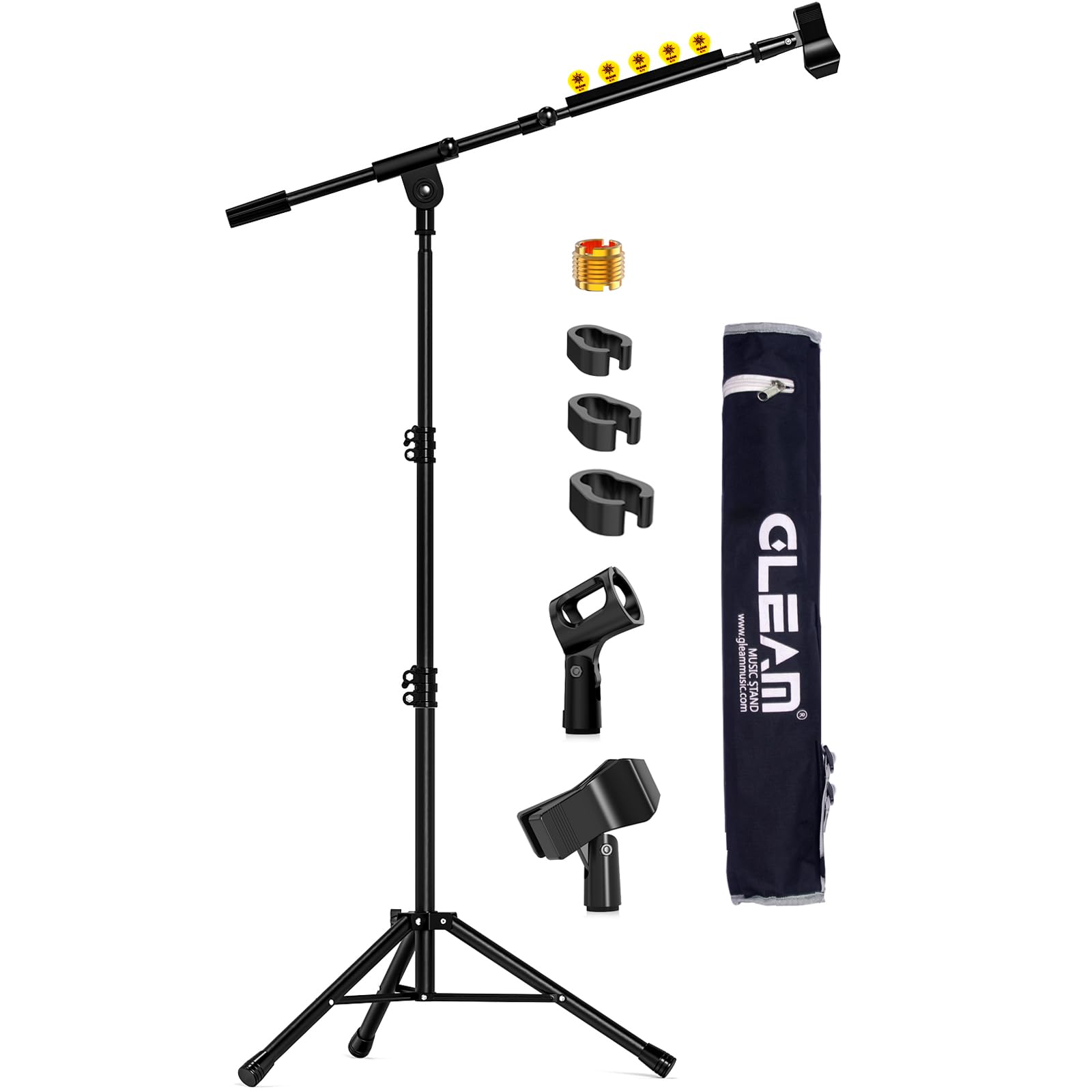 GLEAM Microphone Stand 1 Pound Lightweight Tripod Boom Arm with Storage Case 2 Clips and Adapter for Singing Wedding Stage Portable