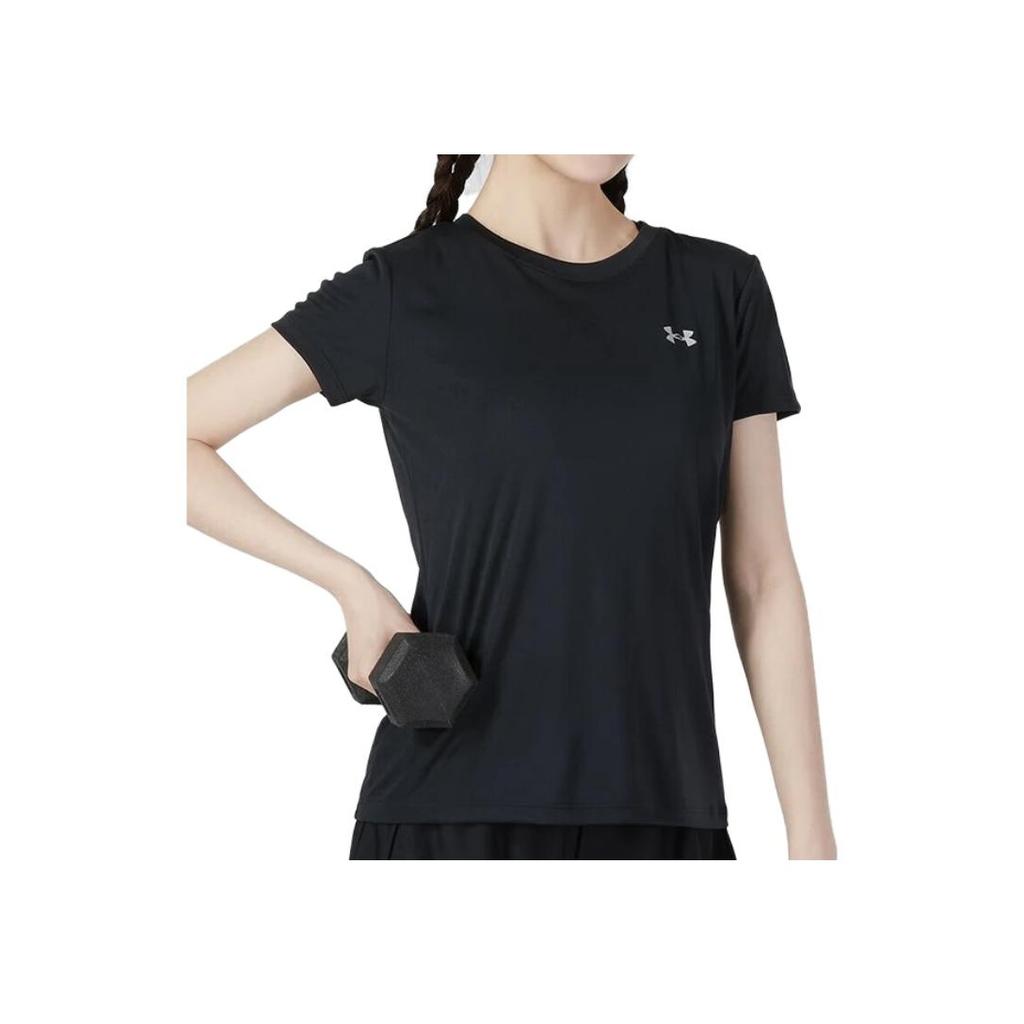 Under Armour Velocity Solid Crew Logo Print Compression Short Sleeve T-Shirt Women Tops Black 1298706-001