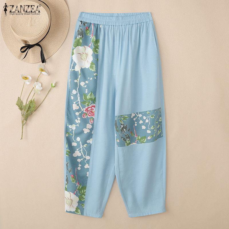 ZANZEA Women Casual Elastic Waist Loose Print Cropped Pants