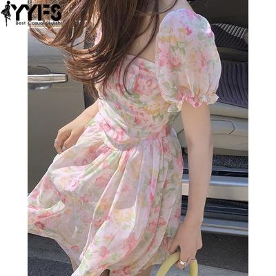 Women's Fashion Summer Spring Flower Pattern Print Short Sleeve Square Collar High Waist Casual Dresses