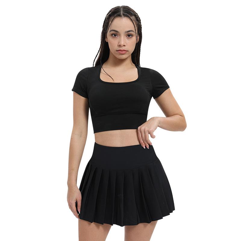 

Женский трансграничный костюм для йоги: Ударопрочный уплотненный фитнес-кроп-топ, быстросохнущая спортивная футболка и набор теннисной юбки Small чёрный