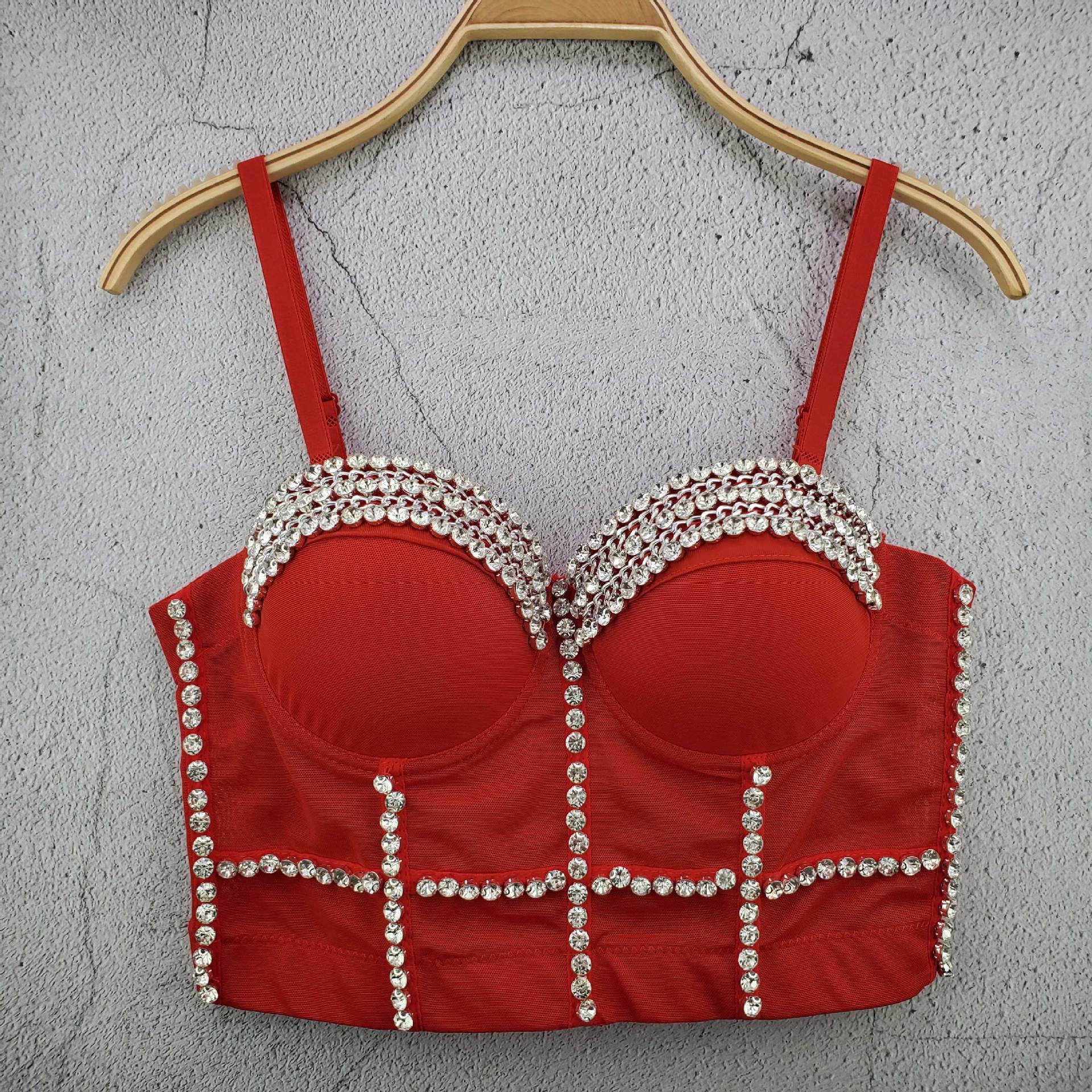 

Handmade Crystal-embellished Popular Small Tank Top with A Halter Neckline Street Style Trendy Waist-cinching Bra Top Camis & Tank Tops 34/75 червоний