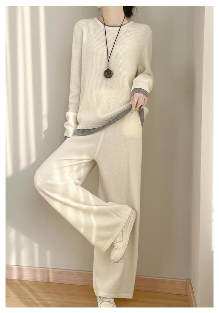 Women's 100% Wool Suit: Stylish Two-Piece Autumn/Winter Versatile Sweater & Pants Set
