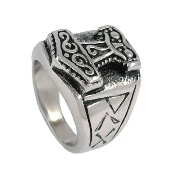 Tribal Symbol Myth Thor Hammer Ring Stainless Steel Norse Biker Men Jewelry SWR0041