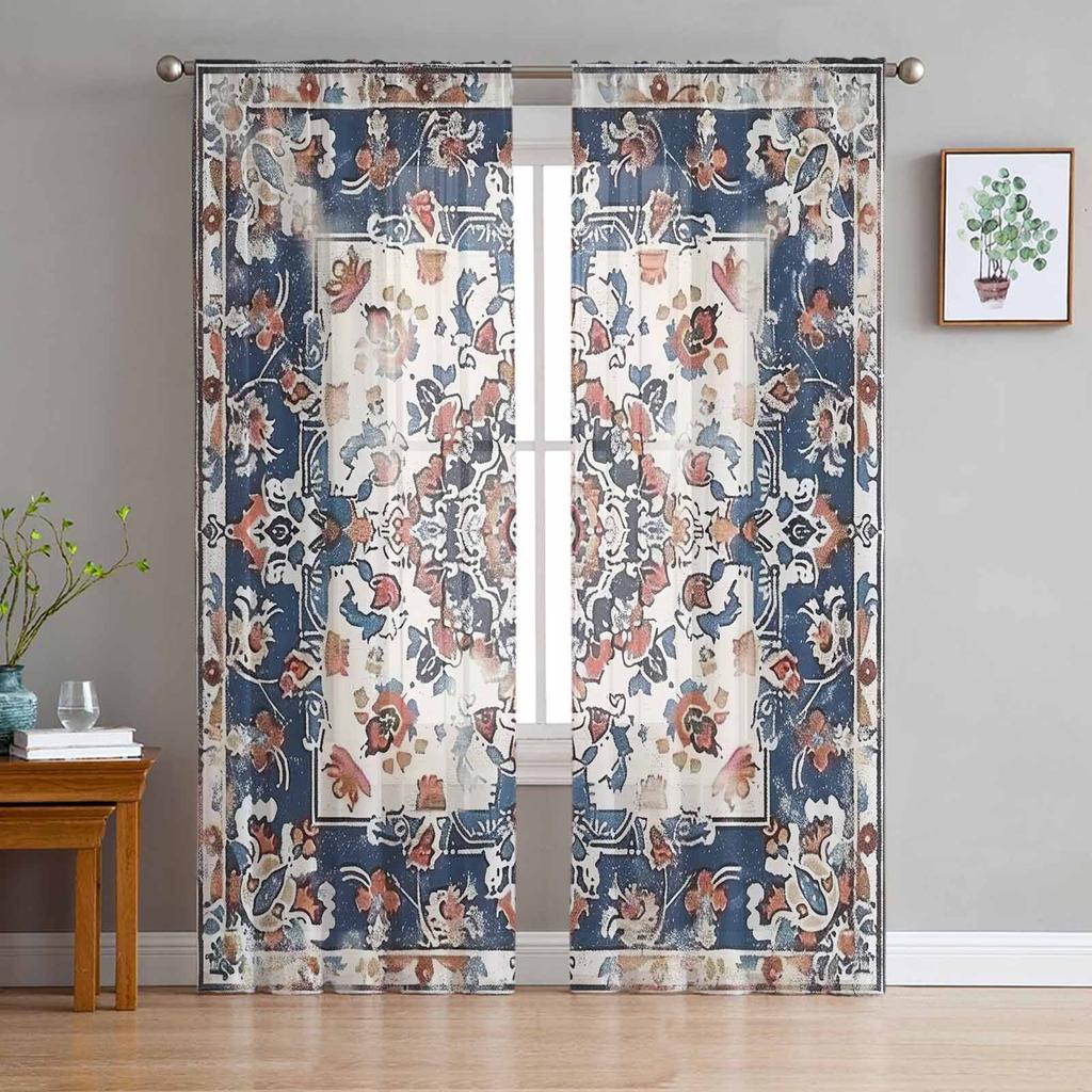 Bohemian Retro Patterns Sheer Curtains for Kids Bedroom Living Room Voile Window Curtains Tulle Drapes