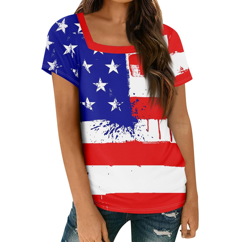 Women's Tops Spring Summer Casual T Shirt Short Sleeve Square Neck Basic Printed T Shirt