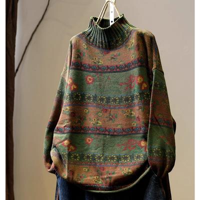 Autumn and Winter Pullover Bottoming Knitted Thread Retro Printed Half-high Collar Cotton Sweater Women Loose Plus Size