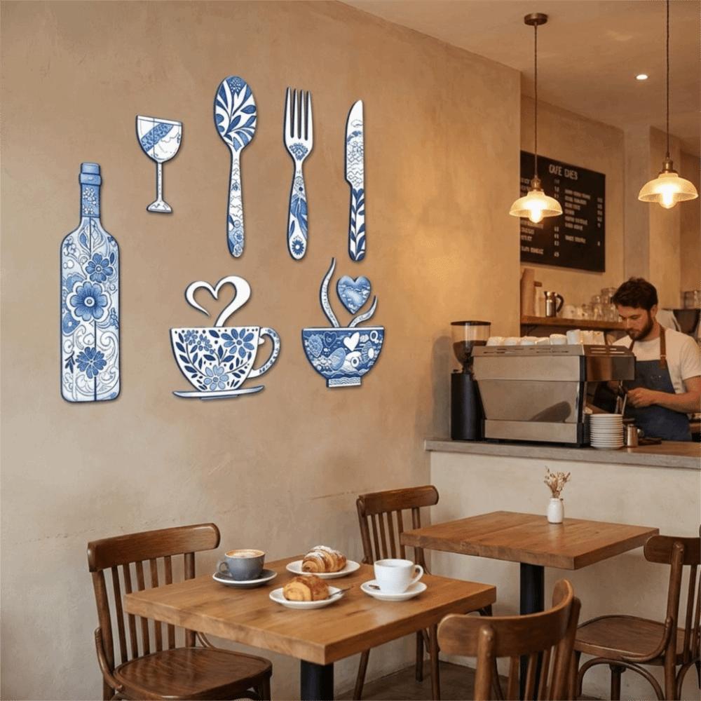 8PCS/SET Fork Wooden Wall Sticker Ornaments Retro Floral Coffee Element Wall Plaques Bar Decoration